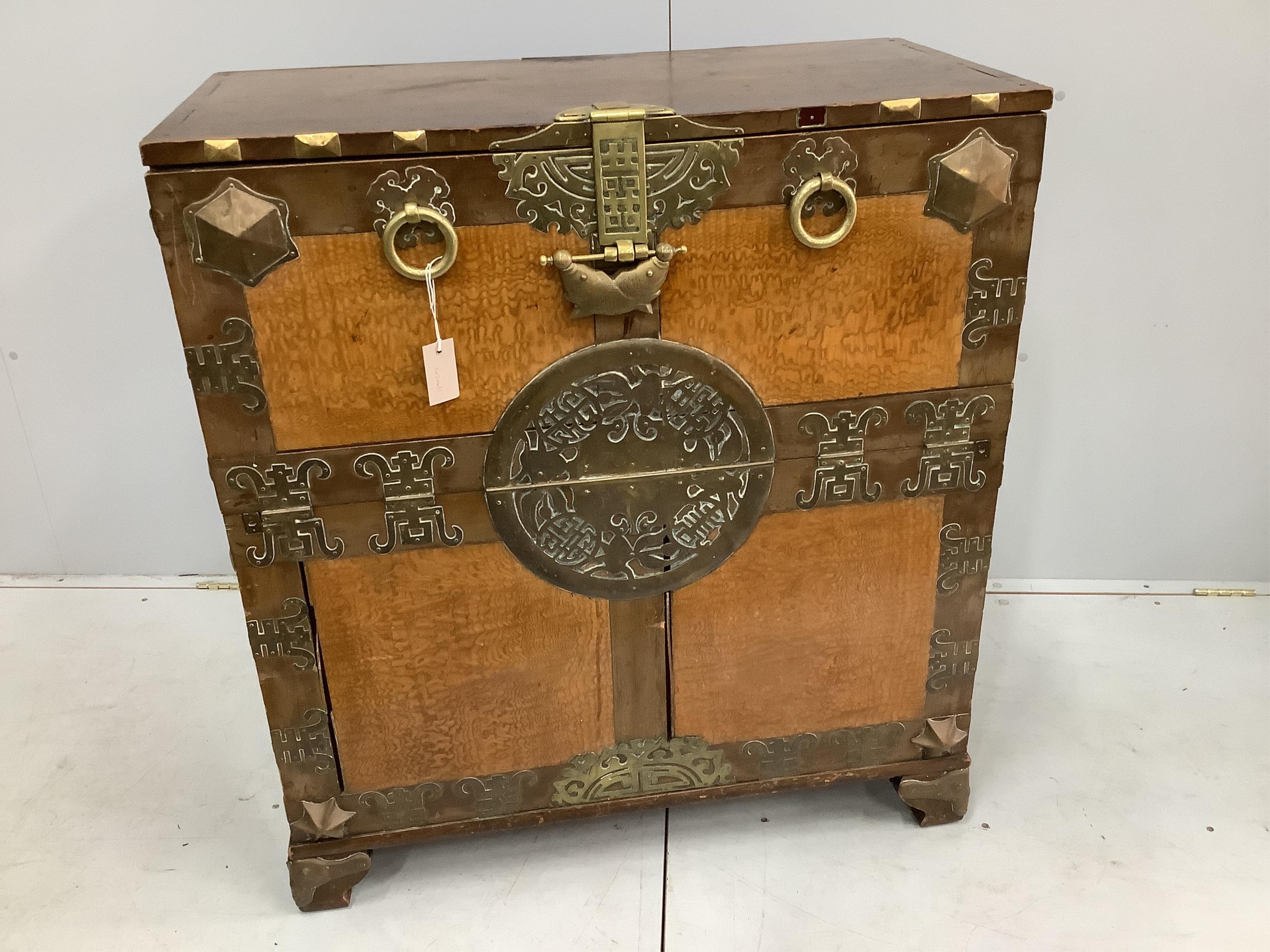 A Chinese brass mounted chest, width 90cm, depth 45cm, height 100cm